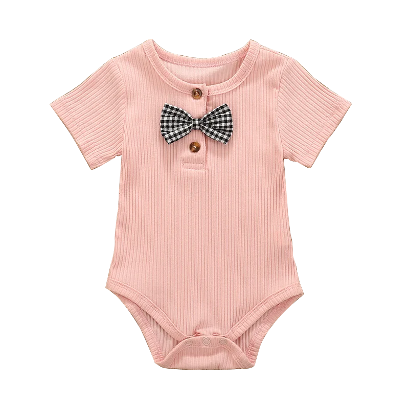 

What&why Summer Pink Baby Girl Romper Short Sleeve Bowknot Onesie 100% cotton Onesie Solid Color Jumpsuit Baby Romper Wholesale