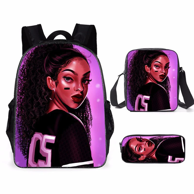 

Low MOQ Customized Backpack Art Black Girls Print 3pcs Set Primary School Bag for Kids Children Book Bags Custom Images Logo