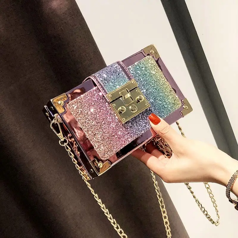 

2020 New Fashion Girls Sequin Sling Shoulder Crossbody Bag Square Box Clutch Purse Handbags with Chain