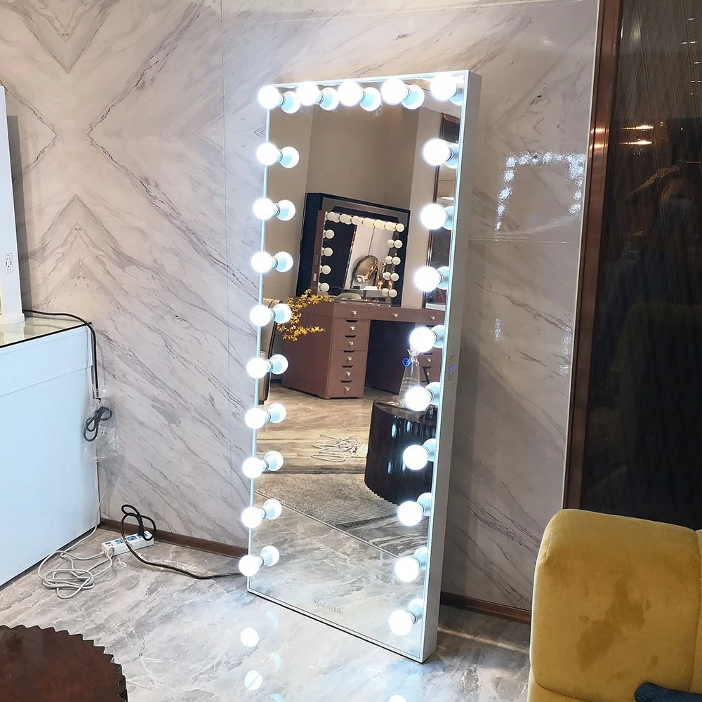 

Stock on US! Docarelife MDF Wooden Dressing Room Vanity Floor Stand Full Length Mirror with Lightd Bulbs, White