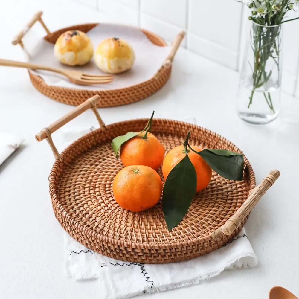 

Bread Fruit Food Snack Breakfast Display Hand-Woven Wicker Rattan Tray Round Picnic Storage Basket, Mix colors