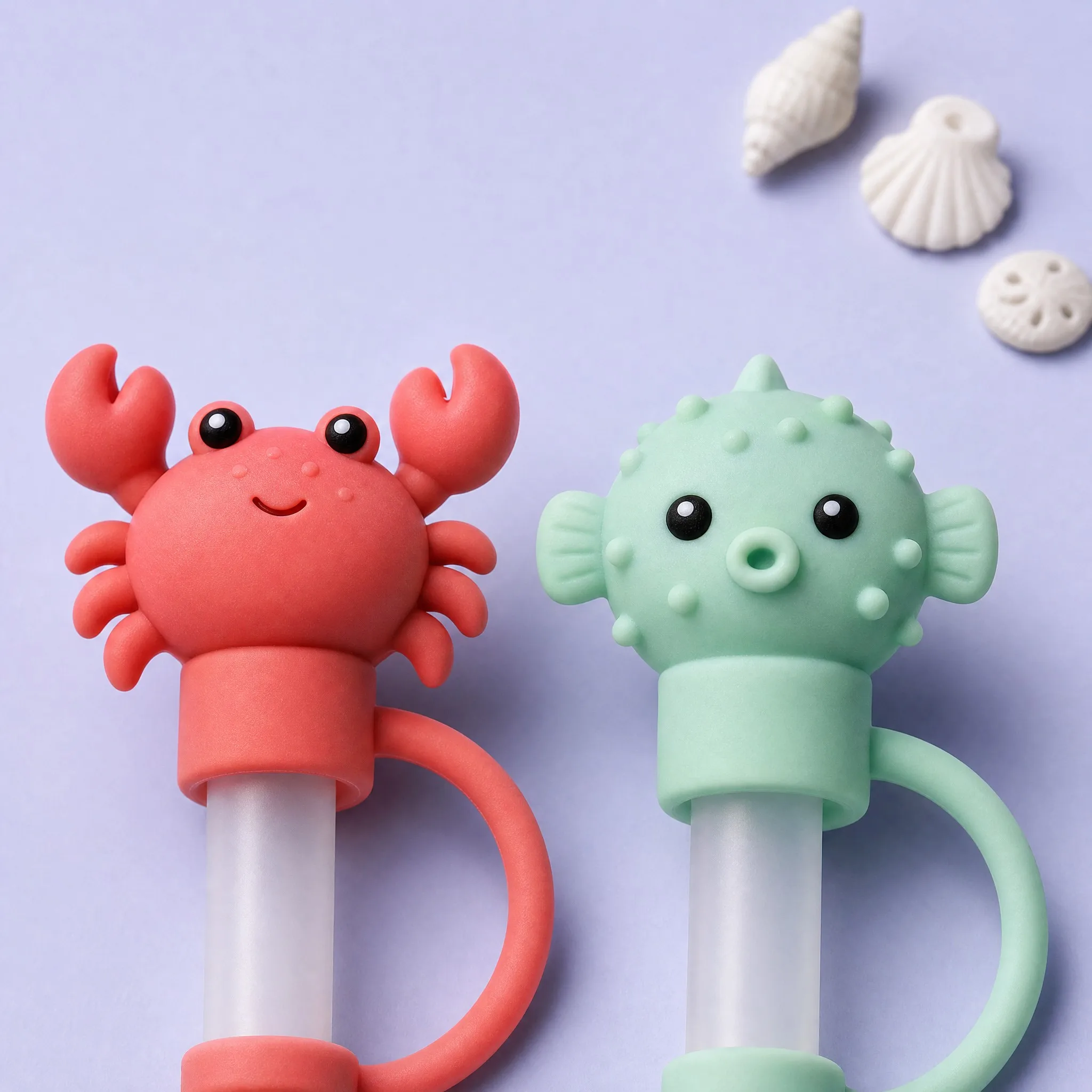 Red Crab and Mint Green Pufferfish Straw Covers Close-up