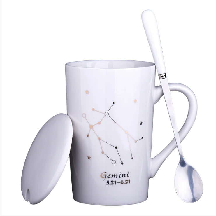 

Ceramic water gold spoon gift box lid promotion gift horoscope coffee constellation tea strainer mug sets 12pcs of all 12 months, Customized promotional mug