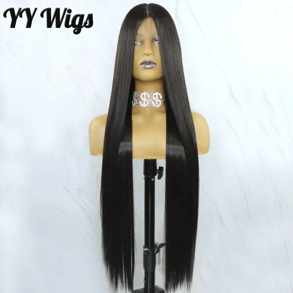 

Long Straight 30 Inch Skin Lace Synthetic Wigs For Black Women Futura Heat Resistant Natural Black Wigs With Natural Hairline, Natural black skin lace wig