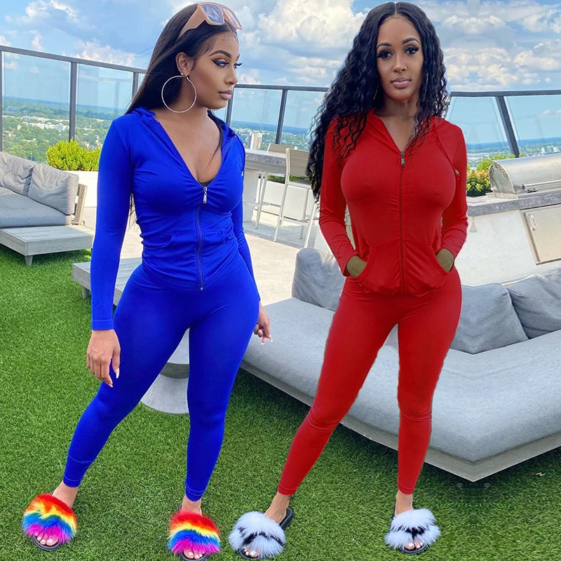 

2020 Women Fall Hooded Top Solid Sport Pants And Hoodie Clothing Two Piece Set Workout Jumpsuit