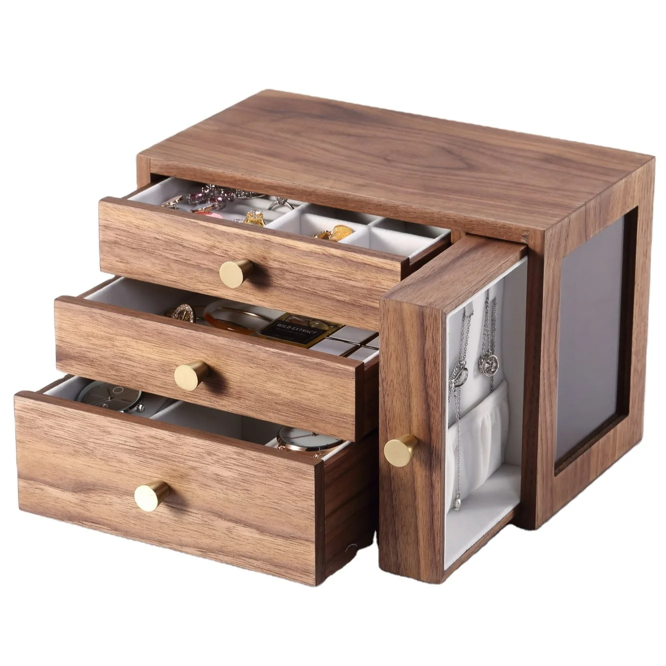 

Custom Luxury High Quality Wooden Four Drawers Jewelry Box Necklace Ring Earings Watch Storage Box, Wood