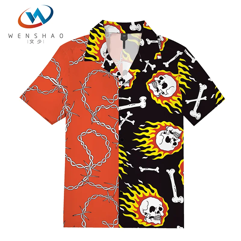

Hot sale custom polyester chains fire skull patchwork printed men shirt, Customized