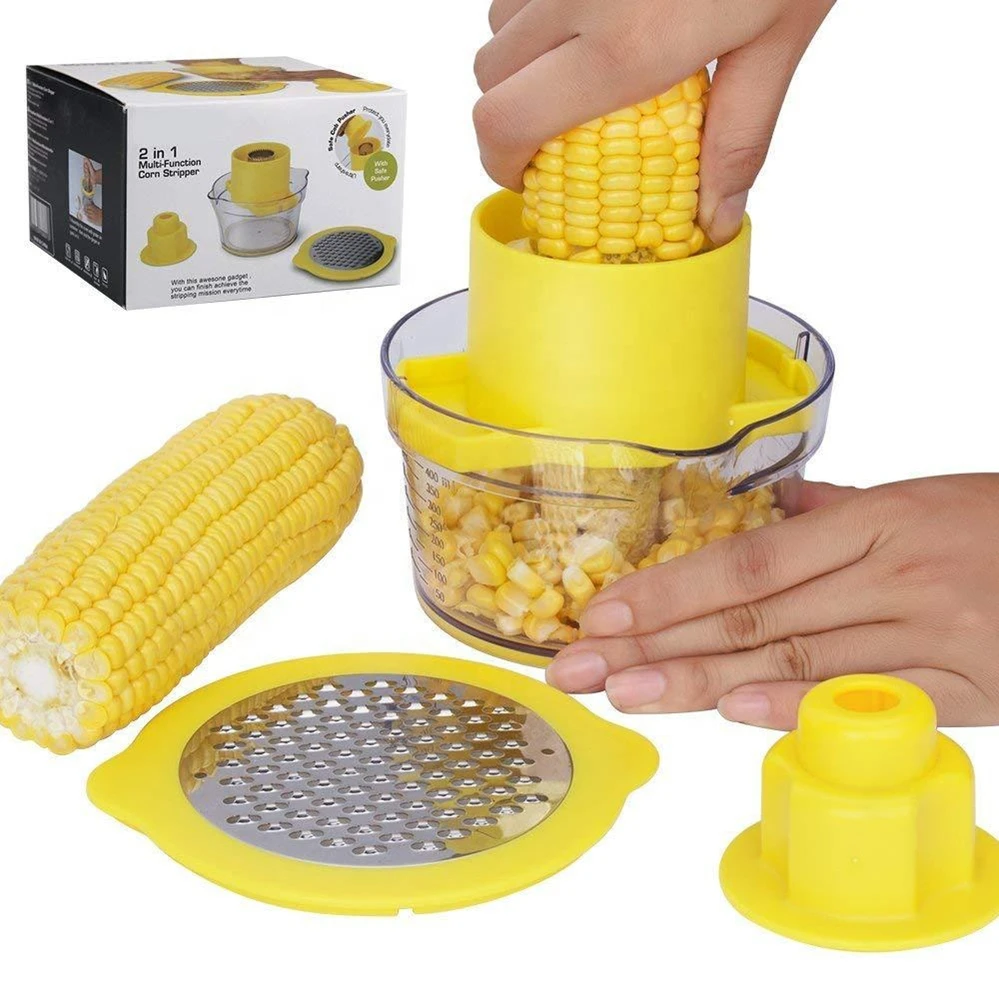 

New Style 3 In 1 Kitchen Tools Stainless Steel Pp Manual Kitchen Multi-function Cob Corn Stripper Gadget Set Custom, Yellow