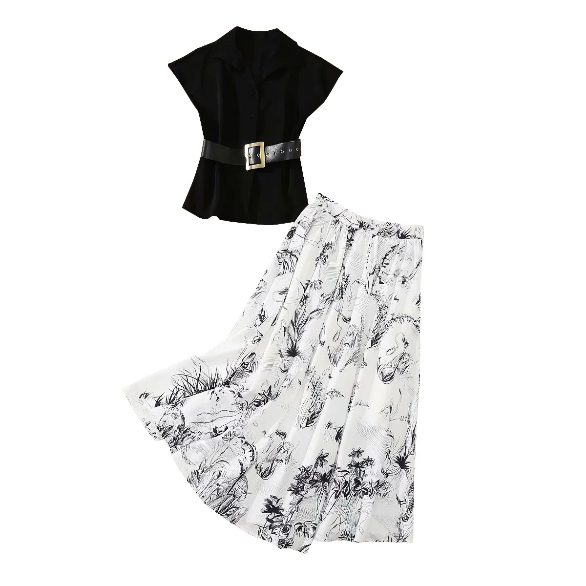 

Fashion Summer High-quality New Women'S Party Printing Floral Elegant Single-breasted Short-sleeved Shirt Top with Skirt 2 Pcs