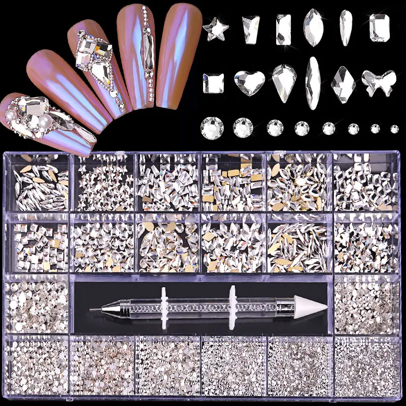 

Mixed Boxed Crystal White Nail Art Rhinestones Fancy Mix Shapes Flatback Clear Diamonds Glass Nail Decorations Manicure Design, White colorful