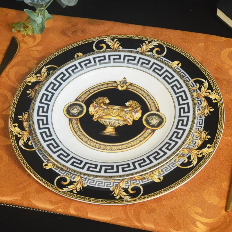 

Luxury bone china dinner plates ceramic vintage gold charger dish with custom logo, Black and gold