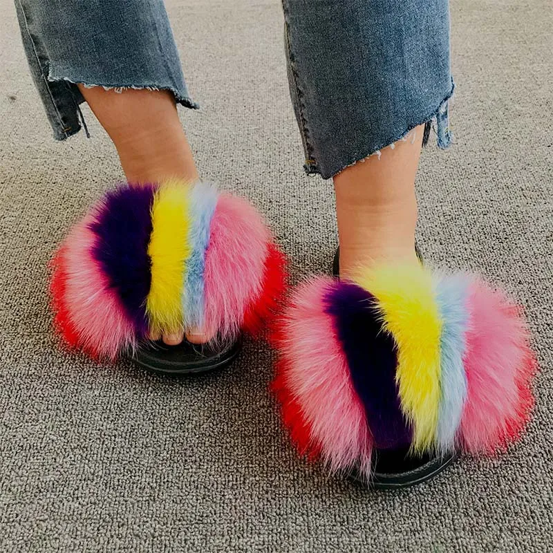 

Wholesale Custom logo indoor pvc sole furry fur slides sandal colorful real fluffy fox raccoon fur slipper for women