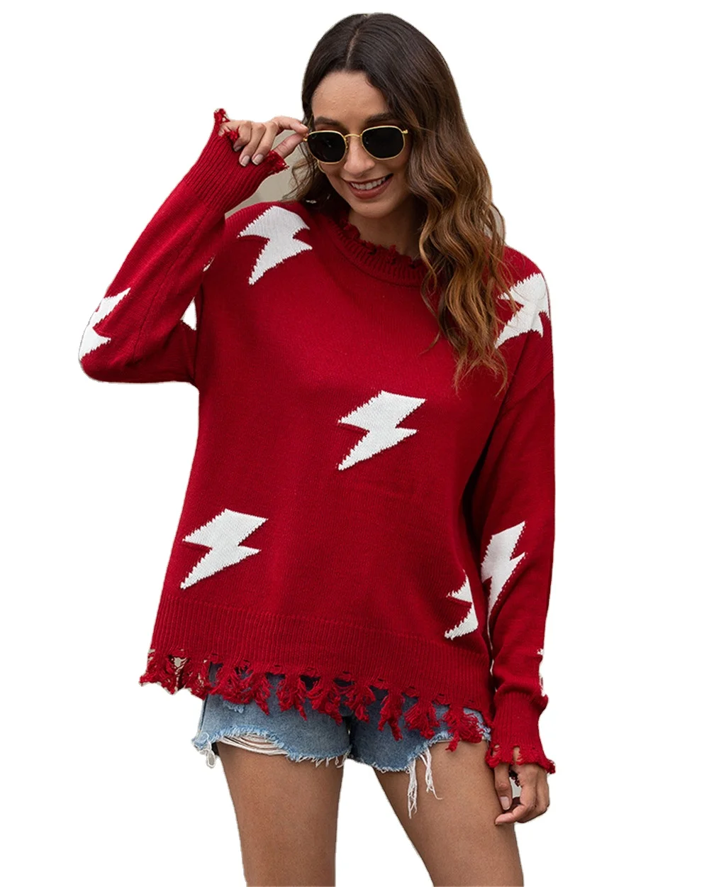 

Autumn & Winter High Quality Sweaters Fashion O-Neck Long Sleeve Lighting Pattern Broken Loose Sweaters Women