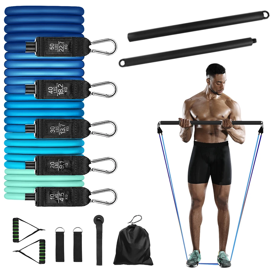 

Yoga Exercise Expander With Door Anchor Training Bar Gym Stretch Pull Rope 11pcs Multifunction Fitness Resistance Tube Band Set, Blue mix