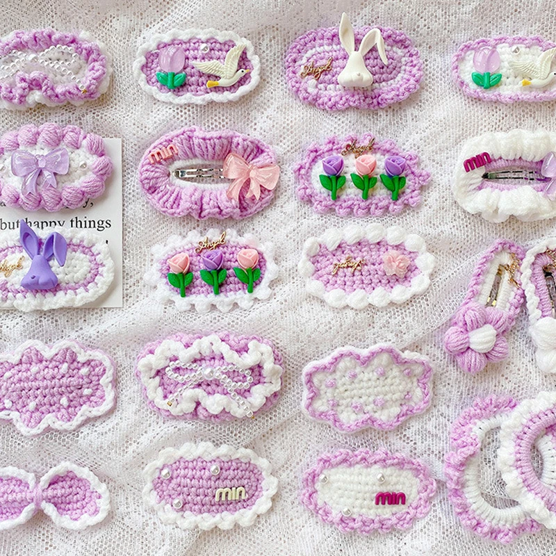 

Girl Hair Accessories Ornament Handmade Crochet Flower Hairpin Hair Tie Knitted Grape Purple Color Bow Letter BB Clip Hair Clips