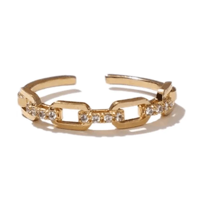 

18K Gold Plating Pave Sparking Crystal Link Chain Finger Rings High Quality Brass Square Chain Crystal Open Ring For Women Girls