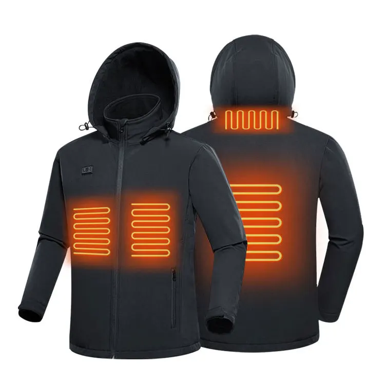 

IN STOCK 5V USB Battery Powered Heated Black Men Winter Jacket 4 Heating Zones Heated Hooded Jackets