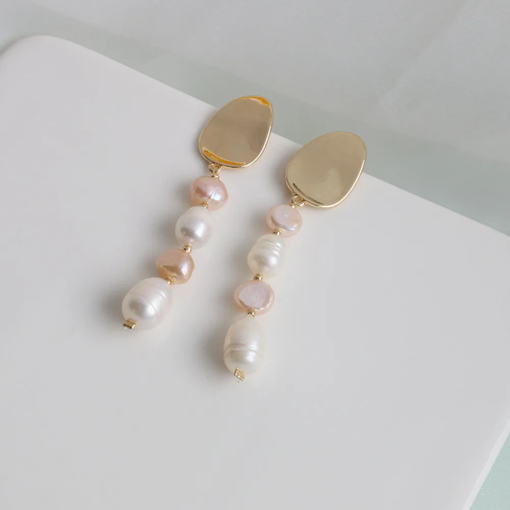 

Best Selling Real Gold Plated Long Tassel Pink Pearl Drop Earrings Freshwater Baroque Pearl Pendant Earring