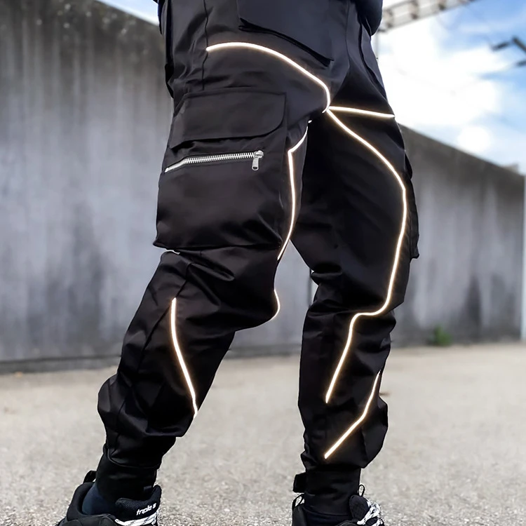 

2020 Mens Joggers reflective Cargo Pants tapered Slim Fit stracked Pant Streetwear Joggers Workout Premium Running Trousers, Black/burgundy