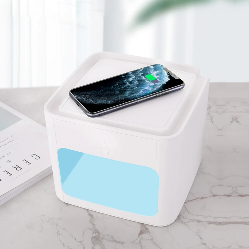 Multi use UV disinfection cell phone small items uv sterilizer box with wireless charger night light phone holder