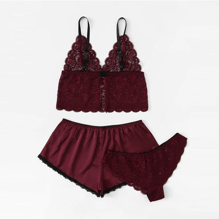 High quality lace silk satin pajamas sleepwear 3 piece lingerie set