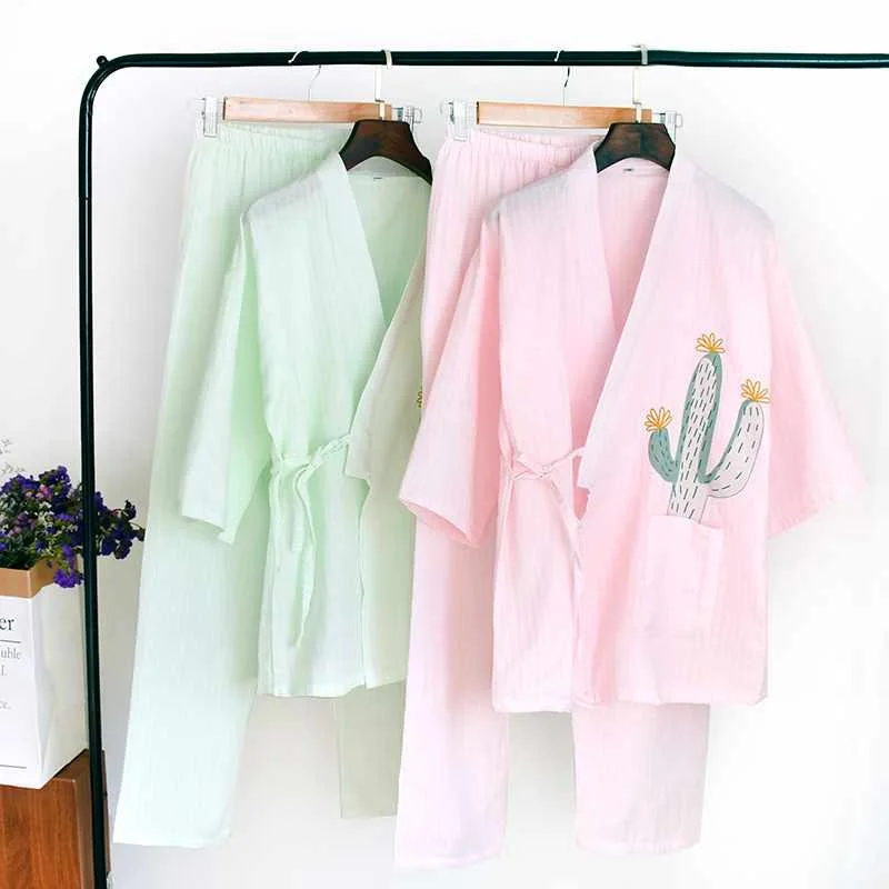 

Japanese kimono ladies cotton gauze sleepwear suit pink light green short-sleeved trousers home service yukata loose summer, Required