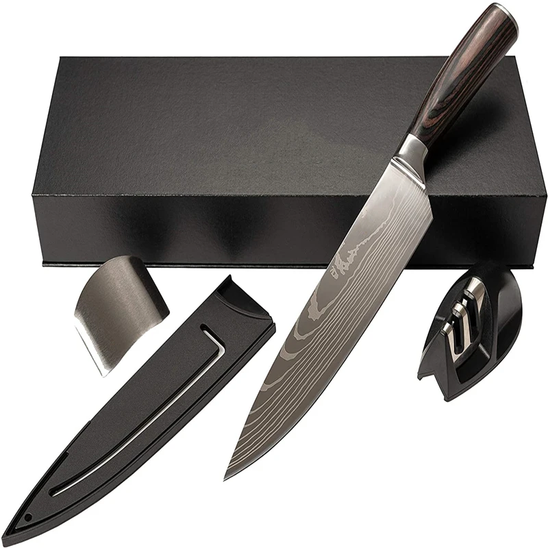 

7cr17mov Carbon Steel Chef Knife With Sharpener Gift Box Set, Silver