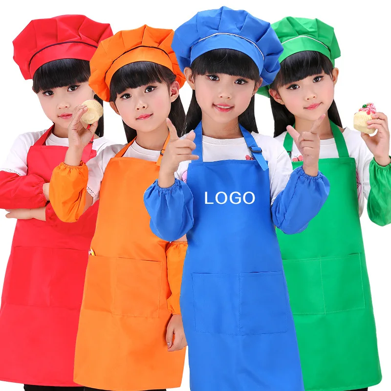 Children Chef Apron Toddler Kitchen Garden Bib Aprons for Cooking Crafting Painting Baking 7-13 Year Boys Girls Adjustable Aprons with 2 Pockets 4 Pcs Black Kids Apron and Chef Hat Set 