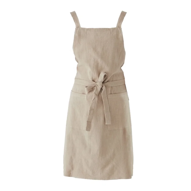 

SunYue Custom Restaurant Kitchen Women Cooking Chef Barista Linen Apron Cross Back Dress With Pocket, Can be customized
