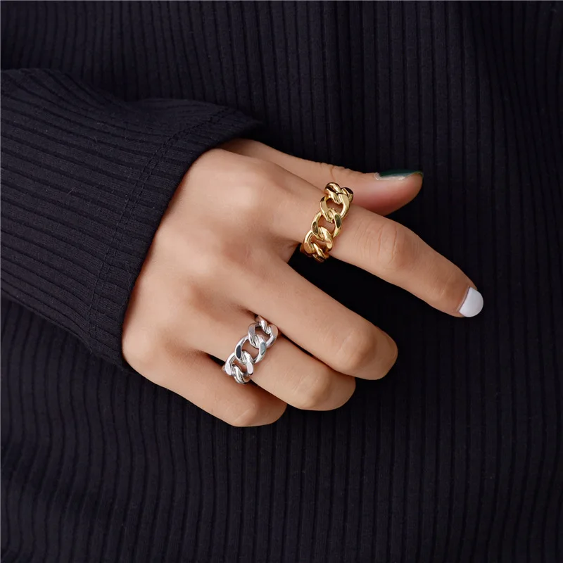 

ENSHIR Popular Items 18K Gold Plated Chunky Chain Link Rings Geometric Twisted Band Rings Women, Picture shows