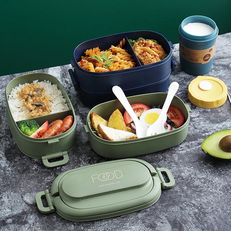 

2 Layer Lunch Box With Cutlery And Bottle Insulated Leakproof Bento Lunch Boxes Set Wholesale pp Plastic Lunch Box, Mint green/navy blue/light blue