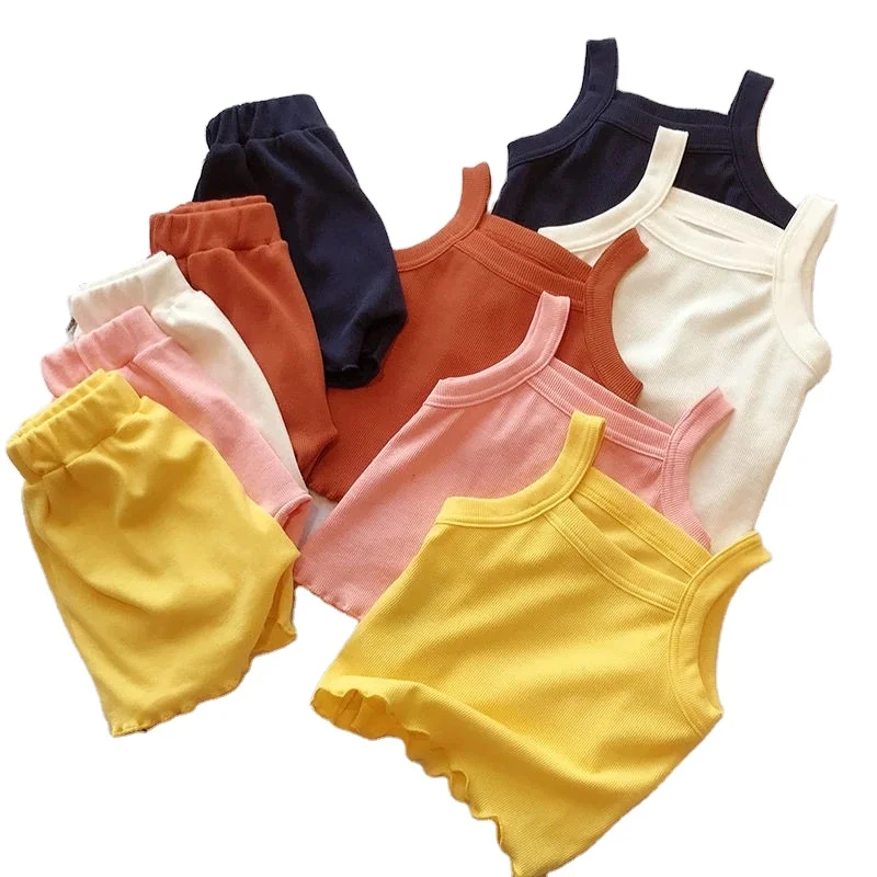 

2PCS/Set Comfortable Sleeveless Tops+Pant Kids Clothes Solid Colors Boy Clothing Set Toddler Boy Girls Vest Child Pajama Summer