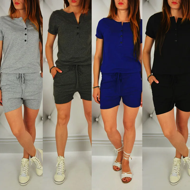 

WW-0867 Button Short Pants Jumpsuits With Short Sleeves Women Rompers Short Girl Jumpsuit, Customized color