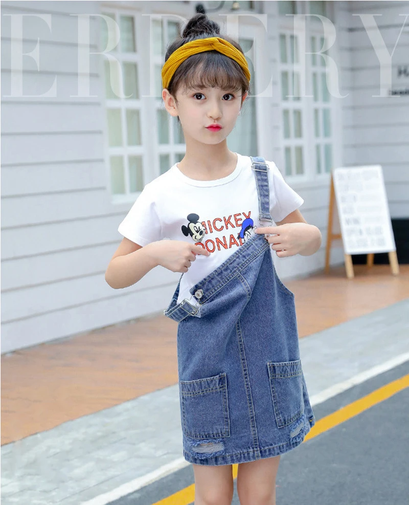 

Wholesale Kids Jean Skirt Pure Color Washed Broken Hole Fashion Metal Hanging Buckle Girls Jean Skirt