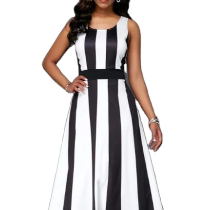 

Hanky Hem Sleeveless Striped O-neck High Waist Maxi Standard Fit And Flare Casual Dress