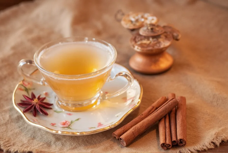 Wooden spoon stirring cinnamon sticks in white ceramic mug with golden tea liquid
