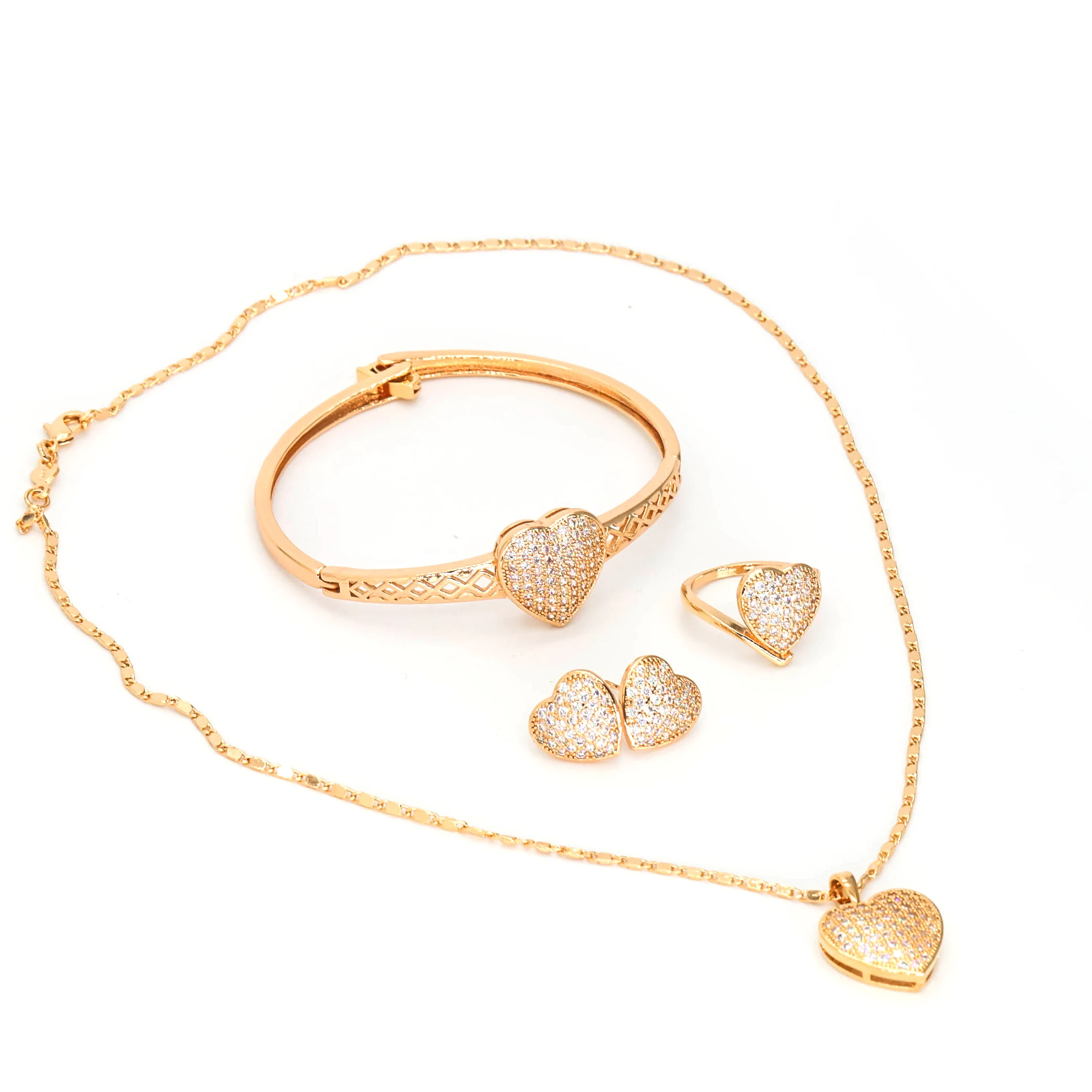 

Fashionable wedding jewelry set bridal luxury heart shaped necklace with heart earring studs bracelets & bangles, Gold