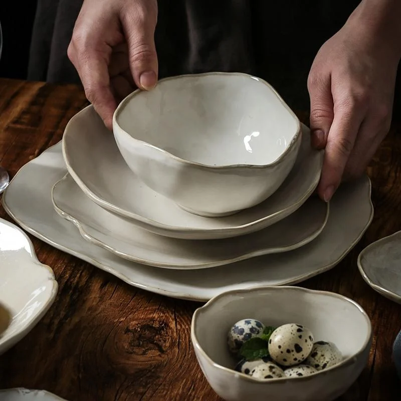 

European Style Ceramic Kitchen Tableware Irregular Rice Bowl Dessert Salad Bowl Porcelain Dinner Plate Sauce Dish
