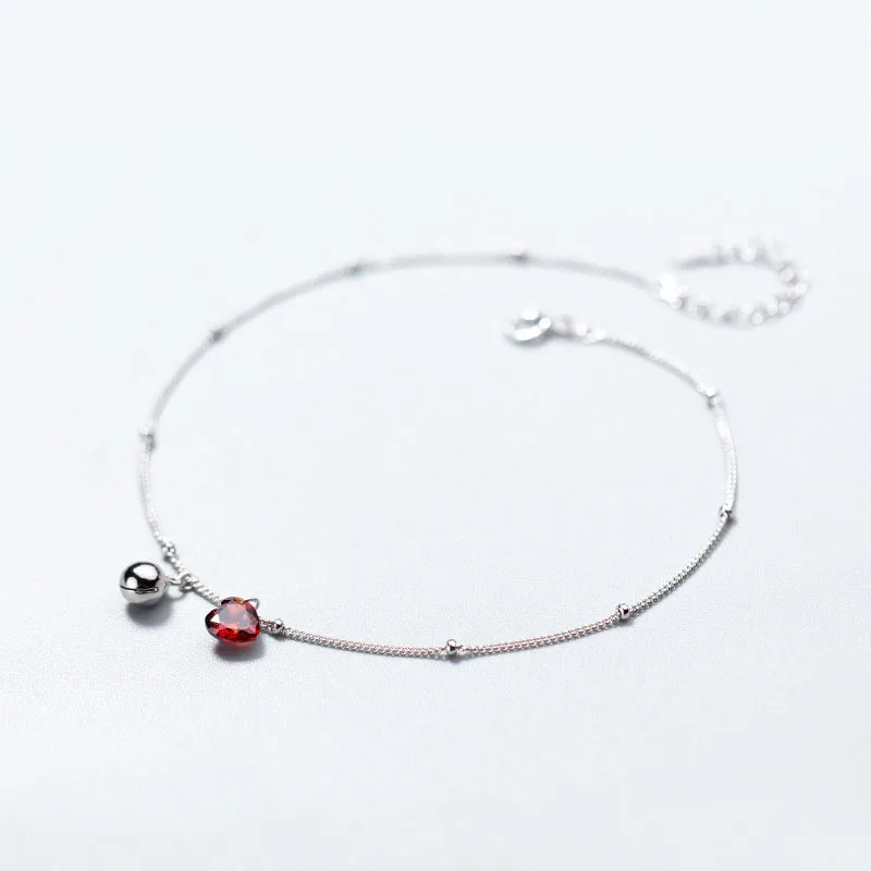 

925 Sterling Silver Red CZ Zircon Heart Bell Pendant Anklet Women Summer Ocean Beach Jewelry