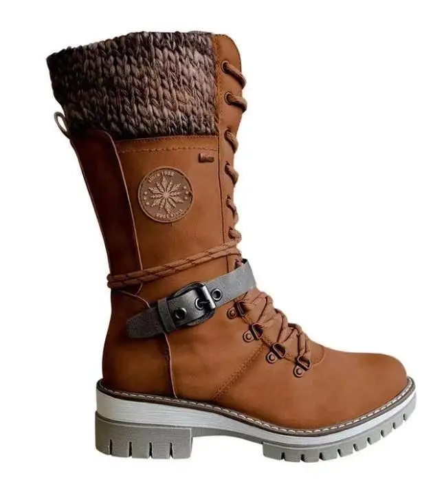 

new design Side zipper fashion pu leather lace up platform thick heel Mid boot winter boots for women