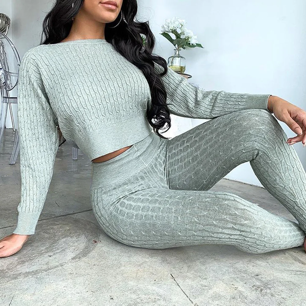 

Autumn Winter Women's set Full sleeve Knitting sweater Long Pants two piece set tracksuit outfits Club Sportswear