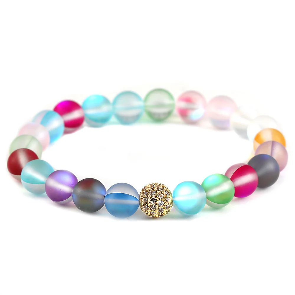 

8mm Zircon Bead Jewelry Colorful Crystal Glitter Moon Stone Couple Bracelet for Women Mens