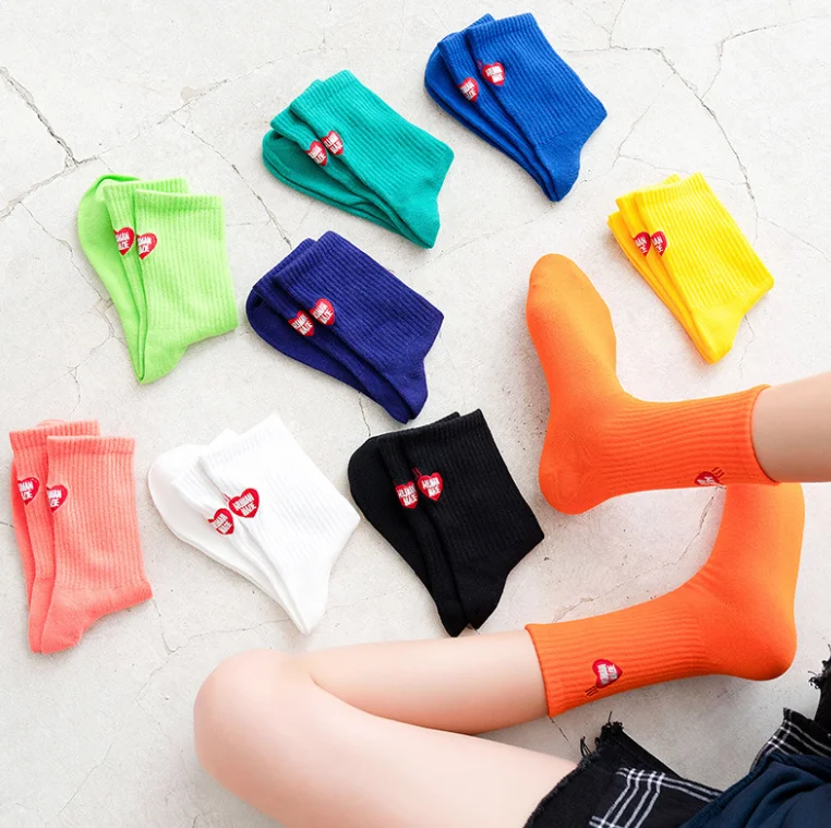 

Colorful Crew Height Candy Color Valentine Day Gift Women Sports Socks with Embroidered Heart New Z20040, As picture shows