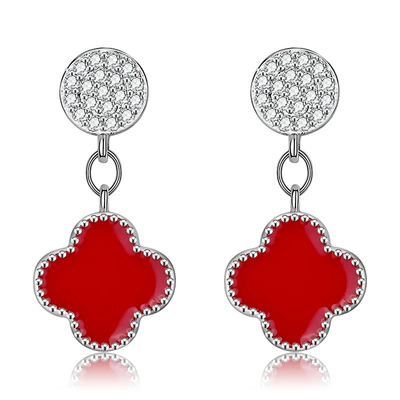 

Fashion Popular Copper Alloy Red/Black Enamel Trendy Elegant Women Four Leaf Clovers Pendant Jewelry Stud Earrings for Women