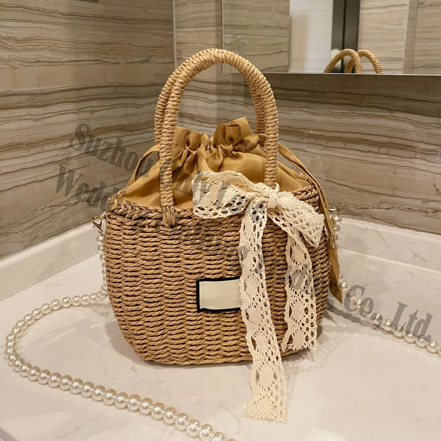 

New Style Lady Girl Women Leisure Holiday Beach Ivory Brown Weave Hand bags Tote bag Peals Strap Cross body bag