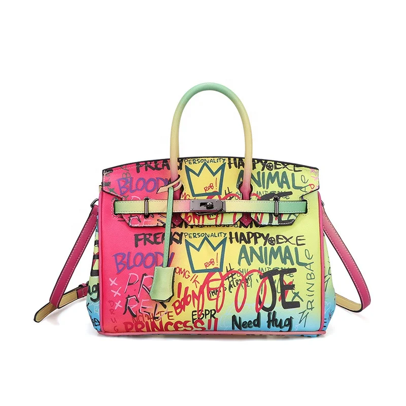 

Hand-painted Graffiti Bag New Platinum Bag Leather Goods Manufacturer Women's Handbag Pu Fashion Single Nylon Lock,chains Pillow