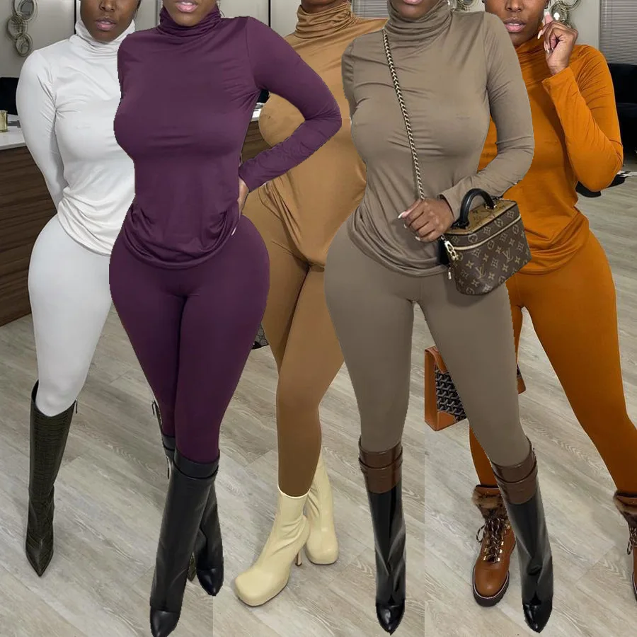 

2021 New Arrival 2 pc Set Track Suit Women Turtleneck Fitness & Yoga Wear Sweatpants Women Tracksuit Outfit Joggers Wholesale