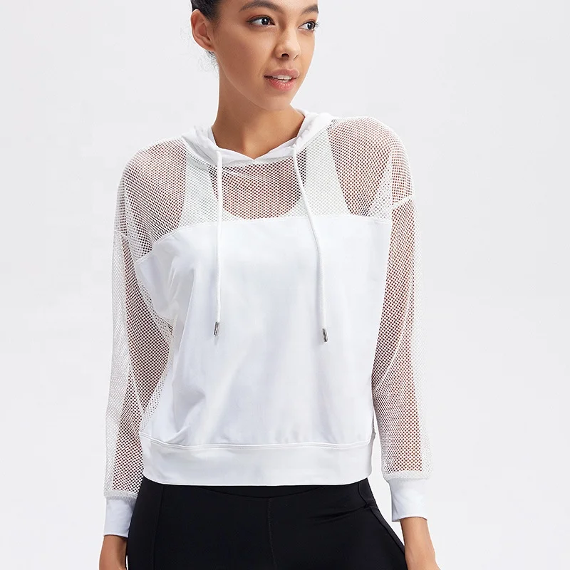 

Women Active Mesh Hooded Top Workout Crop Top Fast Dry Long Sleeve Running Shirt Wholesale See Through Sports Yoga Hoodies
