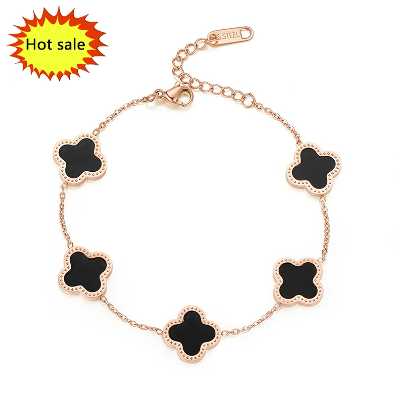 

Hot Sale High Quality 18k Gold Plated Jewelry Classic Stainless Steel Lucky Four Leaf Clover black swan Bracelet For Women