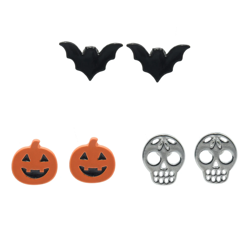

Veijer Cute Silver Halloween Style Pumpkin Bat Skull Women Small Stud Earrings, Multi